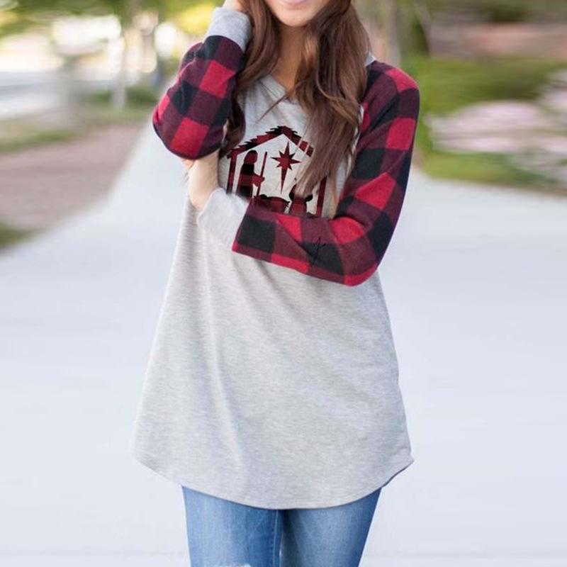 Women'S Plaid Stitching Letter Printing Long-Sleeved Casual Sweater T-Shirt