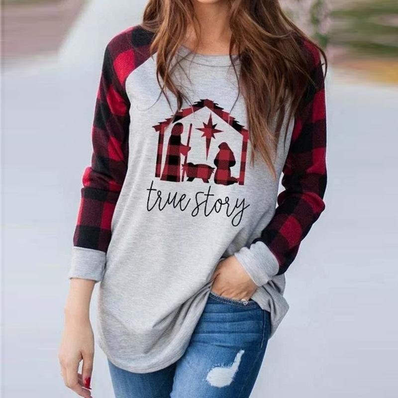 Women'S Plaid Stitching Letter Printing Long-Sleeved Casual Sweater T-Shirt