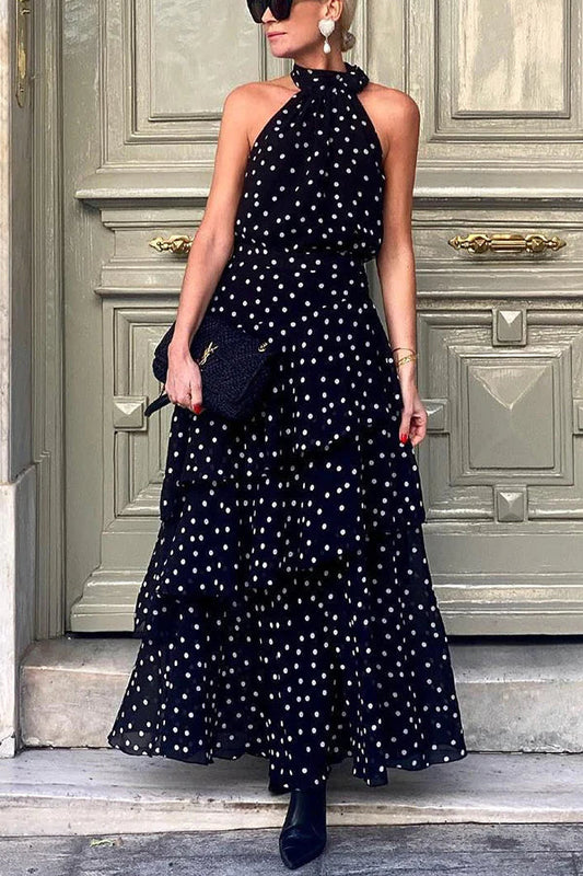 Cabana Date Polka Dot Print Halter Bow Neck Tiered Maxi Dress