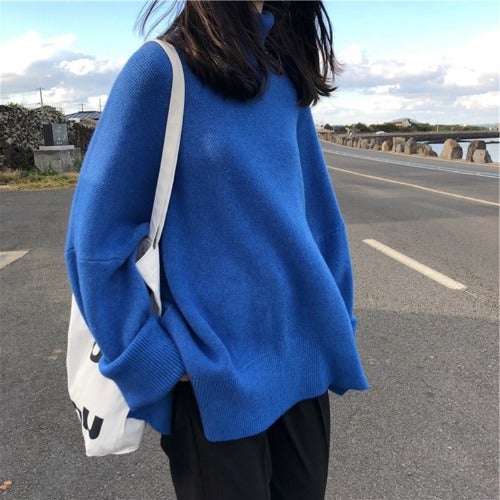 Black Turtleneck Sweater Women Fall/Winter Loose Pullover All-Match Solid Color Thick Outer Wear Sweater