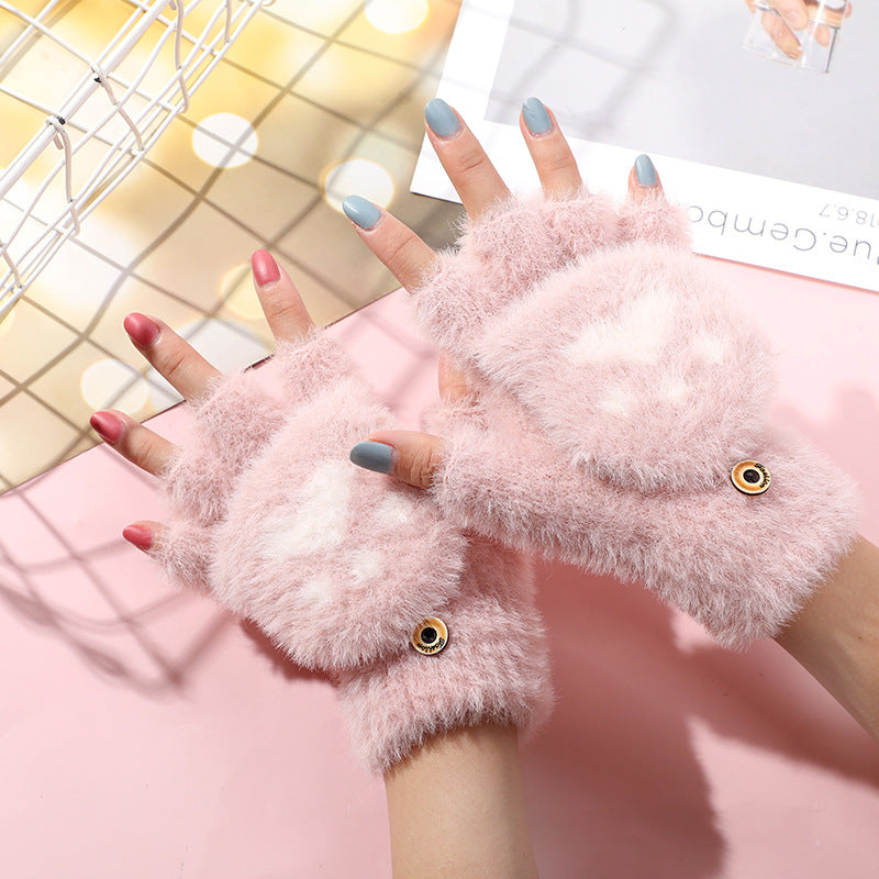 Cute Animal Paw Fingerless Gloves Plush Winter Mittens