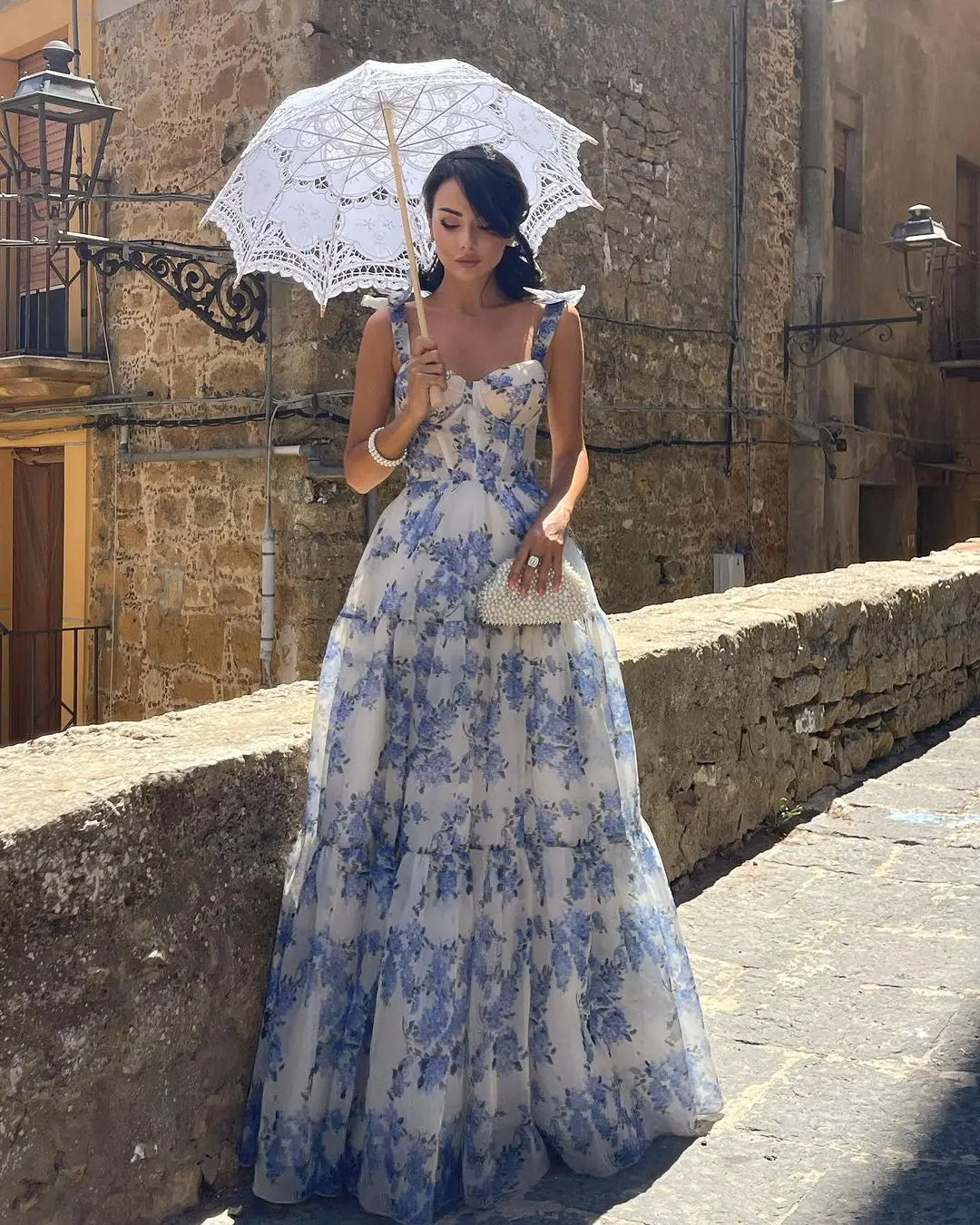 Floral Tie Strap Maxi Dress In Blue