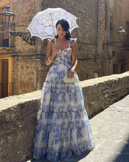 Floral Tie Strap Maxi Dress In Blue