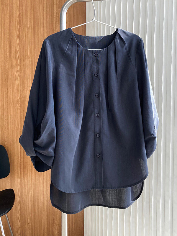 High-Low Loose Pleated See-Through Solid Color Split-Joint Round-Neck Blouses