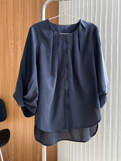 High-Low Loose Pleated See-Through Solid Color Split-Joint Round-Neck Blouses