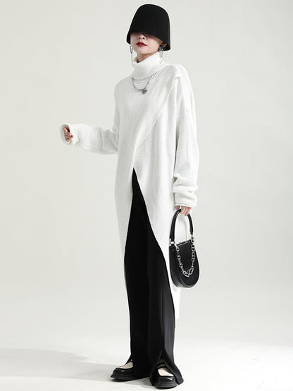 Original High-Low Asymmetric Knitting Dress High-Neck Sweater Dress