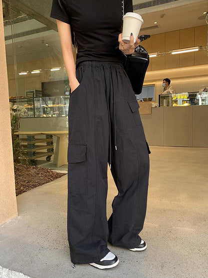 High Waisted Loose Drawstring Elasticity Pockets Solid Color Split-Joint Pants Trousers