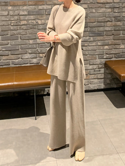 Long Sleeves Wrap Solid Color Split-Side Round-Neck Sweater Tops&Pants Suits