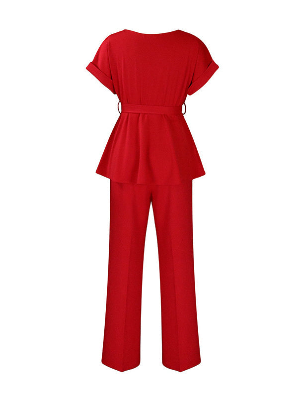 Solid Color Short Sleeves Tied Waist Round-Neck Shirts Top + High Waisted Pants Bottom Two Pieces Set