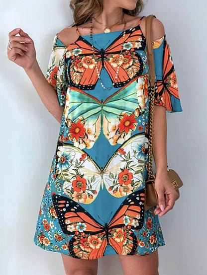 Fashion Women'S Butterfly Print Back Sexy Hollow Lace Short Sleeve Dress