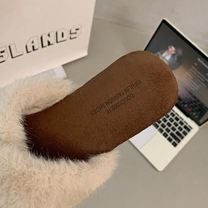 Square-Toe Cross-Strap Fuzzy Slippers