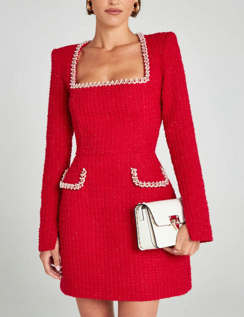 U-Neck Elegant Pearl Tweed Mini Dress