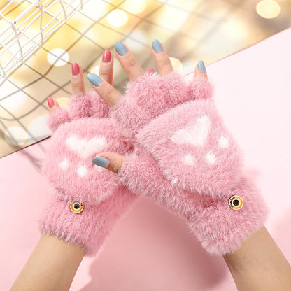 Cute Animal Paw Fingerless Gloves Plush Winter Mittens