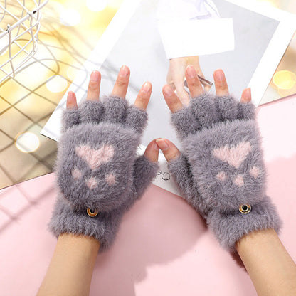 Cute Animal Paw Fingerless Gloves Plush Winter Mittens