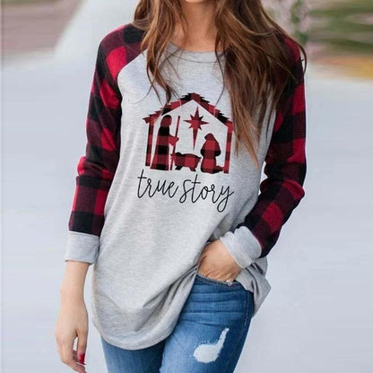Women'S Plaid Stitching Letter Printing Long-Sleeved Casual Sweater T-Shirt