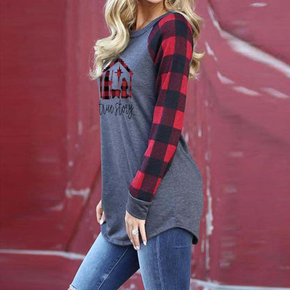 Women'S Plaid Stitching Letter Printing Long-Sleeved Casual Sweater T-Shirt