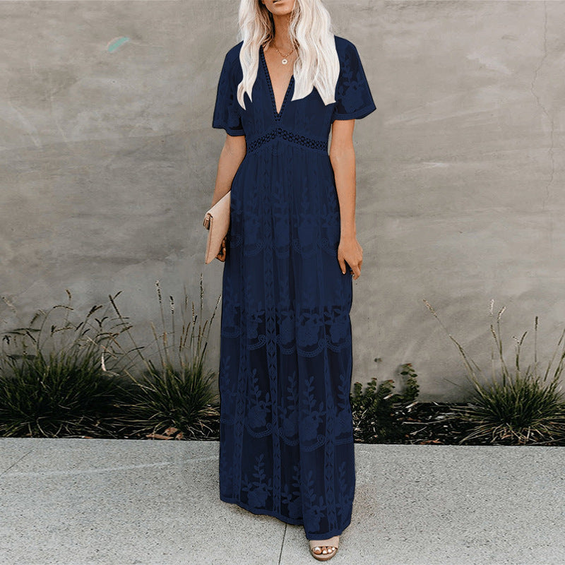 Lace Dress Sexy V-Neck Embroidered Solid Color Maxi Dress