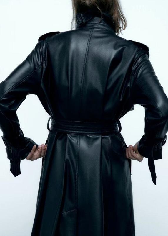 Long Leather Wind Coat With Belted Waist