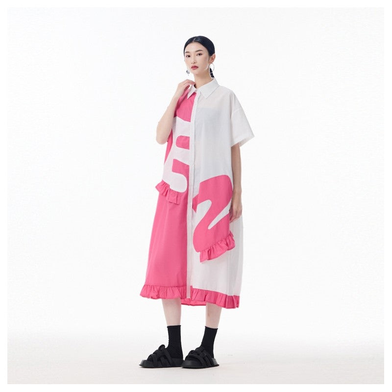 Color Block Polo Collar Flounce Sleeveless A-Line Dress