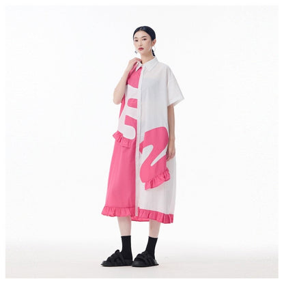 Color Block Polo Collar Flounce Sleeveless A-Line Dress