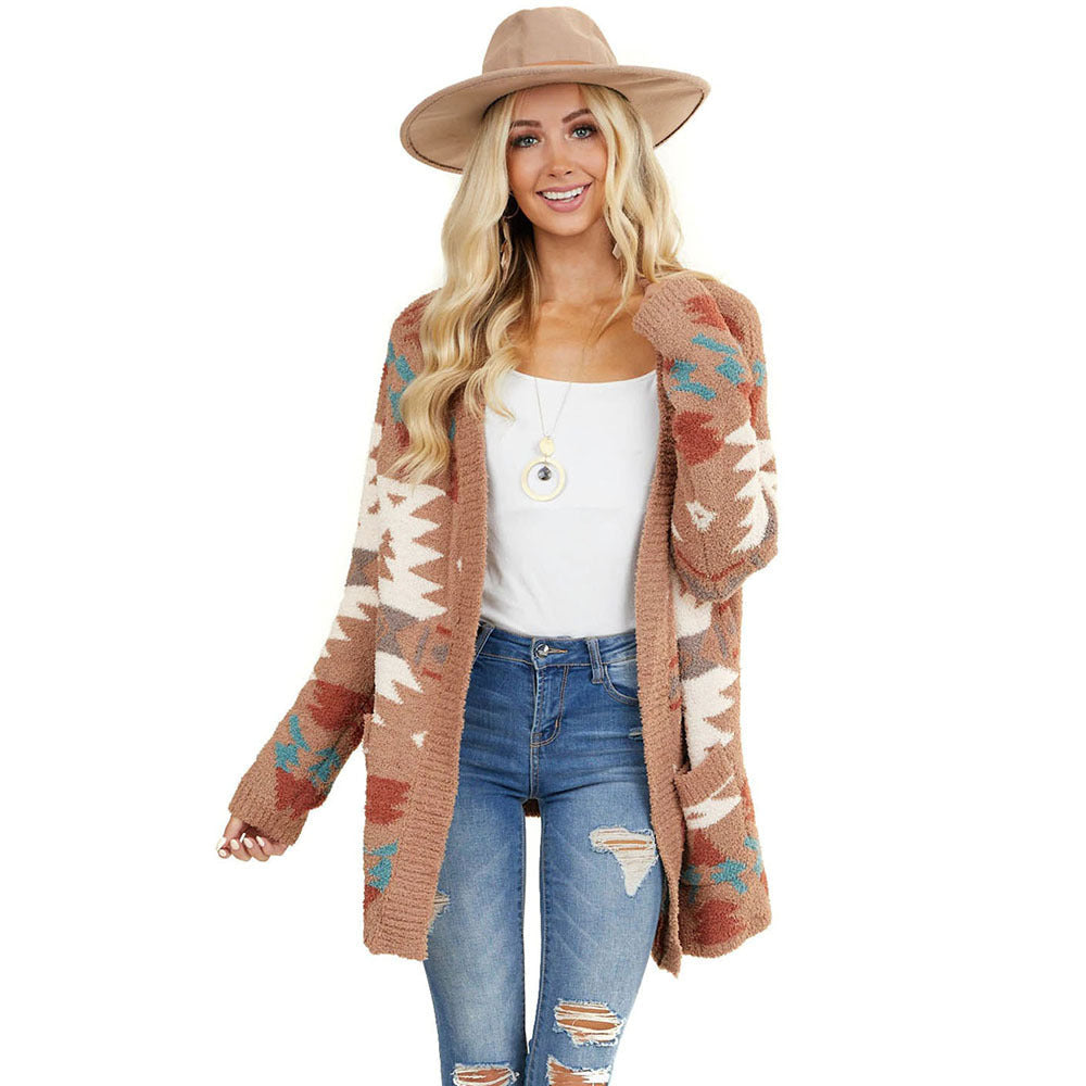 Medium And Long Cardigan Sweater Women Winter New Geometric Pattern Baggy Sweater