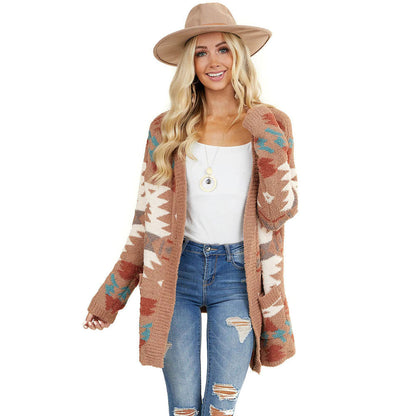 Medium And Long Cardigan Sweater Women Winter New Geometric Pattern Baggy Sweater