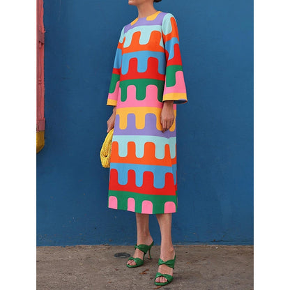 Long Sleeves Loose Printed Split-Side Round-Neck Maxi Dresses Midi Dresses