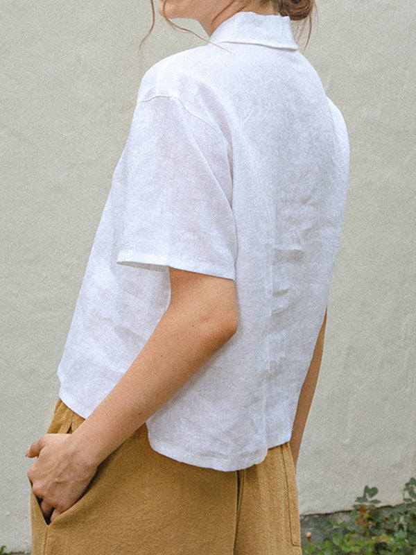 Loose Short Sleeves Buttoned Pleated Solid Color Split-Side Lapel Blouses&Shirts Tops