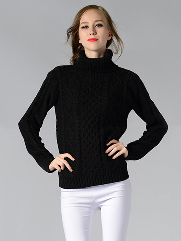 Casual 5 Colors Jacquard High-Neck Long Sleeves Sweater Top