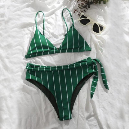 Striped Crossband Swimwear Sexy Backpiece High Waist Bikini