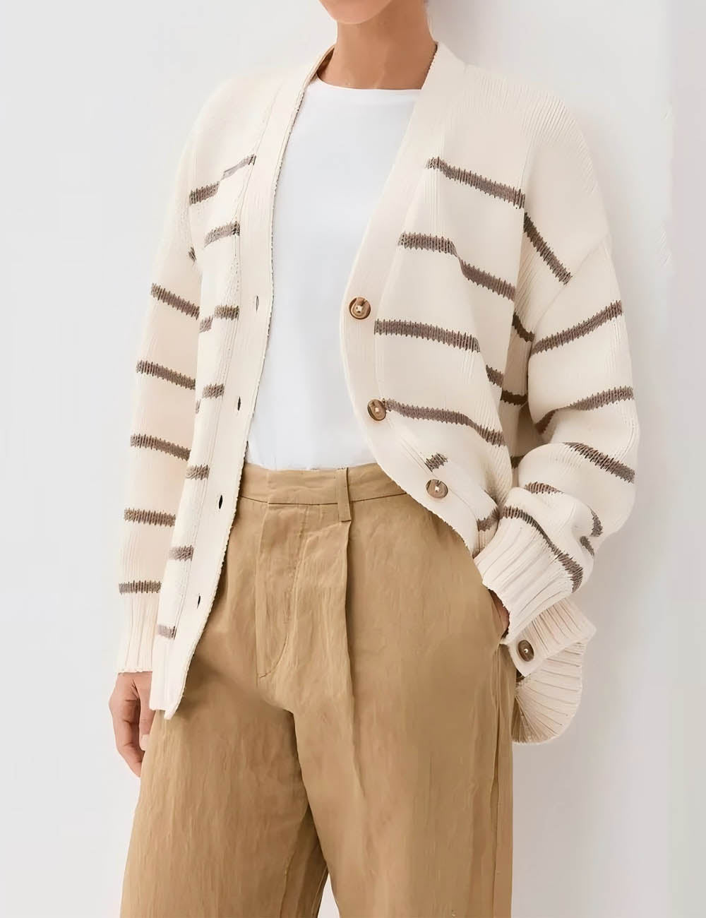 Striped V-Neck Color Block Button Down Cardigan