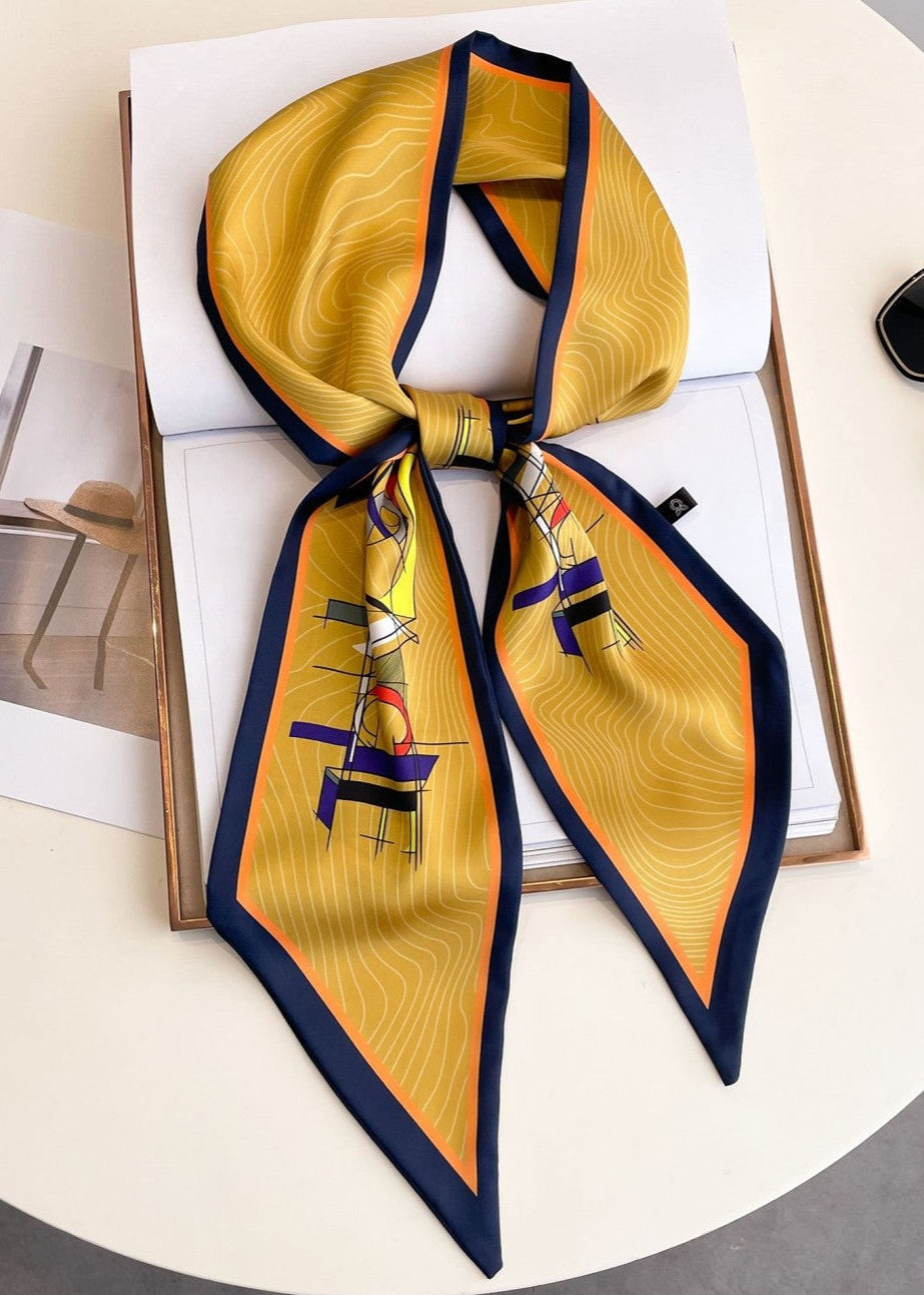 Silk Twilly Scarf With Geometric Gold Print