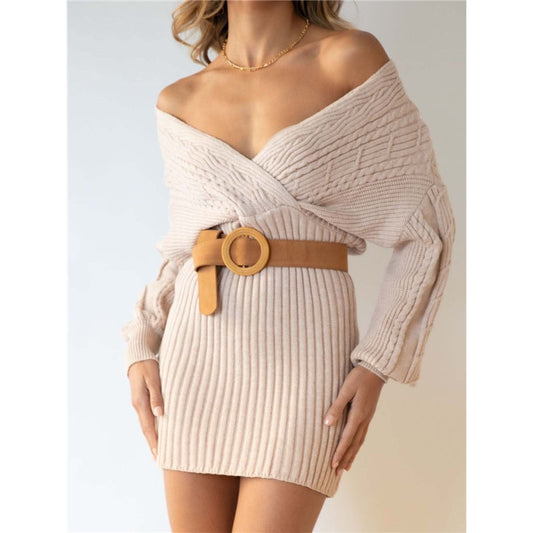 Original Wrap Long Sleeves Jacquard Solid Color Deep V-Neck Sweater Dresses