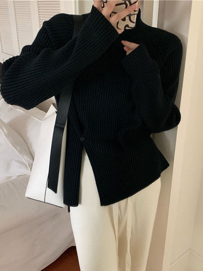 Urban Long Sleeves Split-Side Solid Color High-Neck Sweater Tops Pullovers