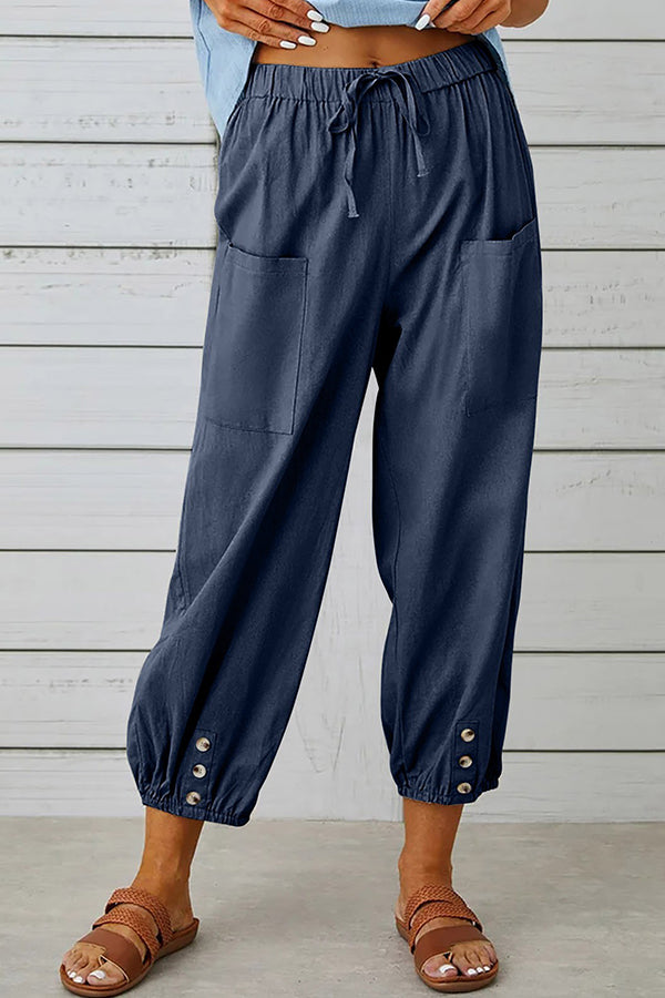 Loose casual button down cropped cotton linen trousers wide leg