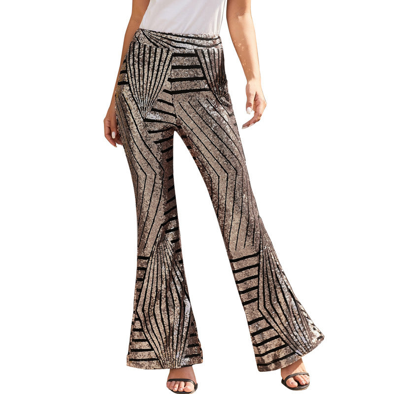 Sequins High Waist Flared Pants Slim Wide Leg Pants Women'S Casual Pants