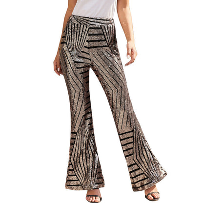 Sequins High Waist Flared Pants Slim Wide Leg Pants Women'S Casual Pants