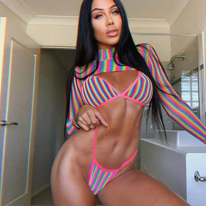 New Three-Piece Set Rainbow Striped Rainbow Gradient Print Long-Sleeved Sunscreen Swimwear Bikini Wetsuit