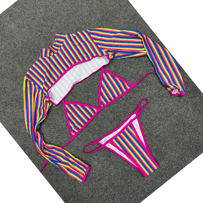 New Three-Piece Set Rainbow Striped Rainbow Gradient Print Long-Sleeved Sunscreen Swimwear Bikini Wetsuit