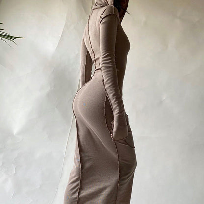 Hooded Long Sleeve Bodycon Dress Casual Solid Color