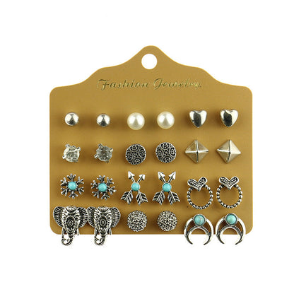 Silver Heart Leaf Turquoise Earrings Set for Women