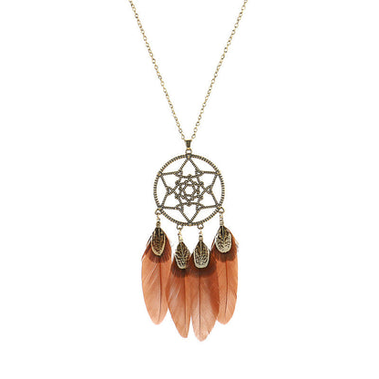 Vintage Feather Tassel Necklace Circle Dream Catcher Long Sweater Chain