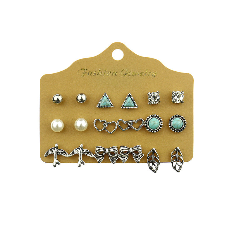 Silver Heart Leaf Turquoise Earrings Set for Women