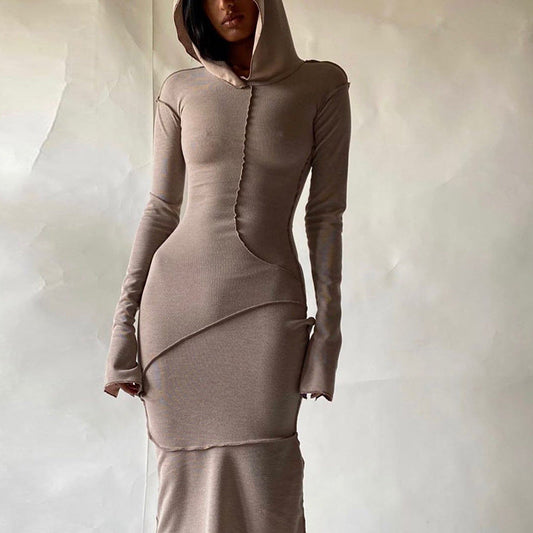 Hooded Long Sleeve Bodycon Dress Casual Solid Color