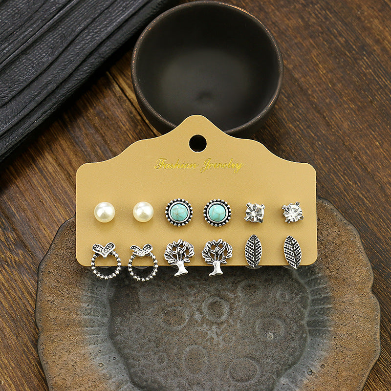 Silver Heart Leaf Turquoise Earrings Set for Women