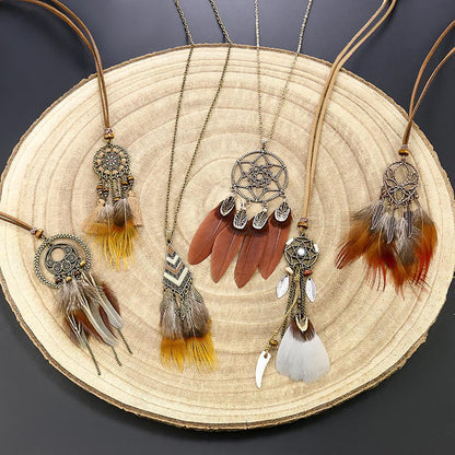 Vintage Feather Tassel Necklace Circle Dream Catcher Long Sweater Chain