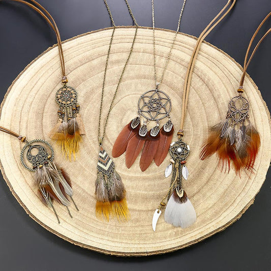 Vintage Feather Tassel Necklace Circle Dream Catcher Long Sweater Chain