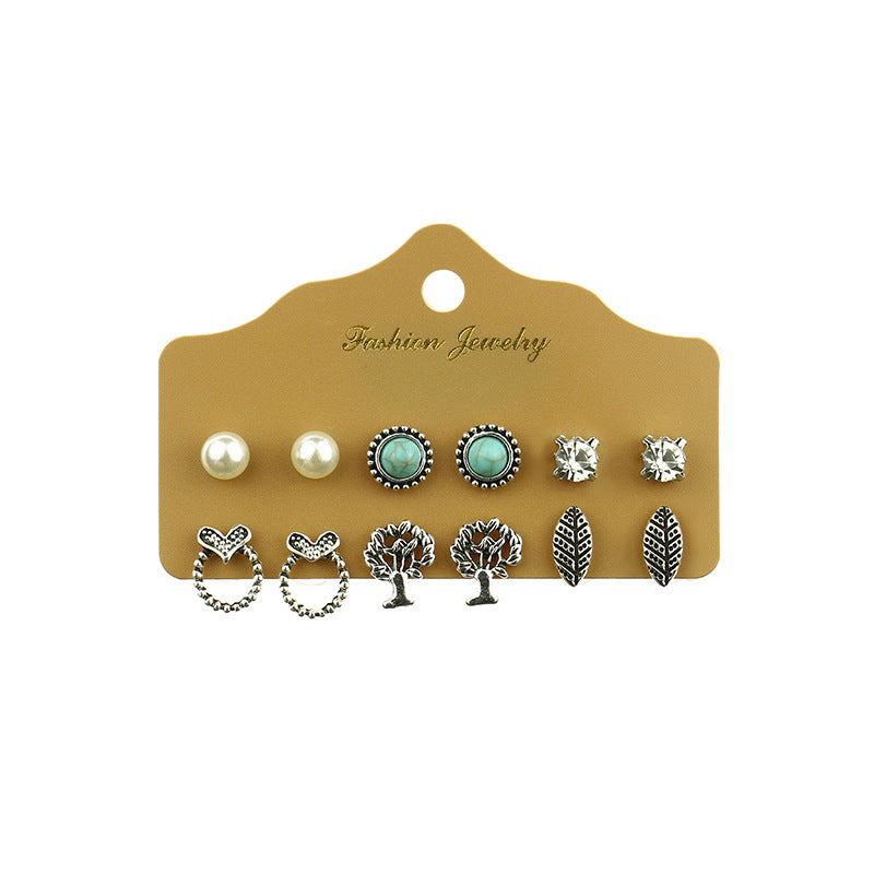 Silver Heart Leaf Turquoise Earrings Set for Women