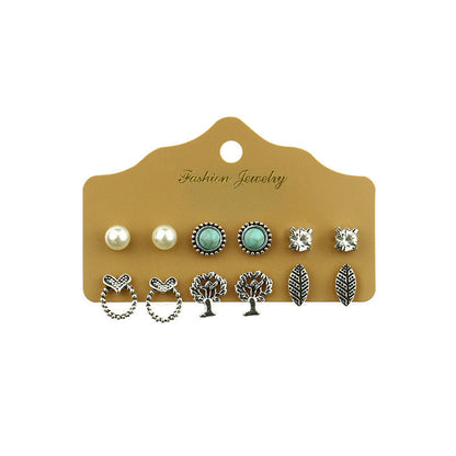 Silver Heart Leaf Turquoise Earrings Set for Women