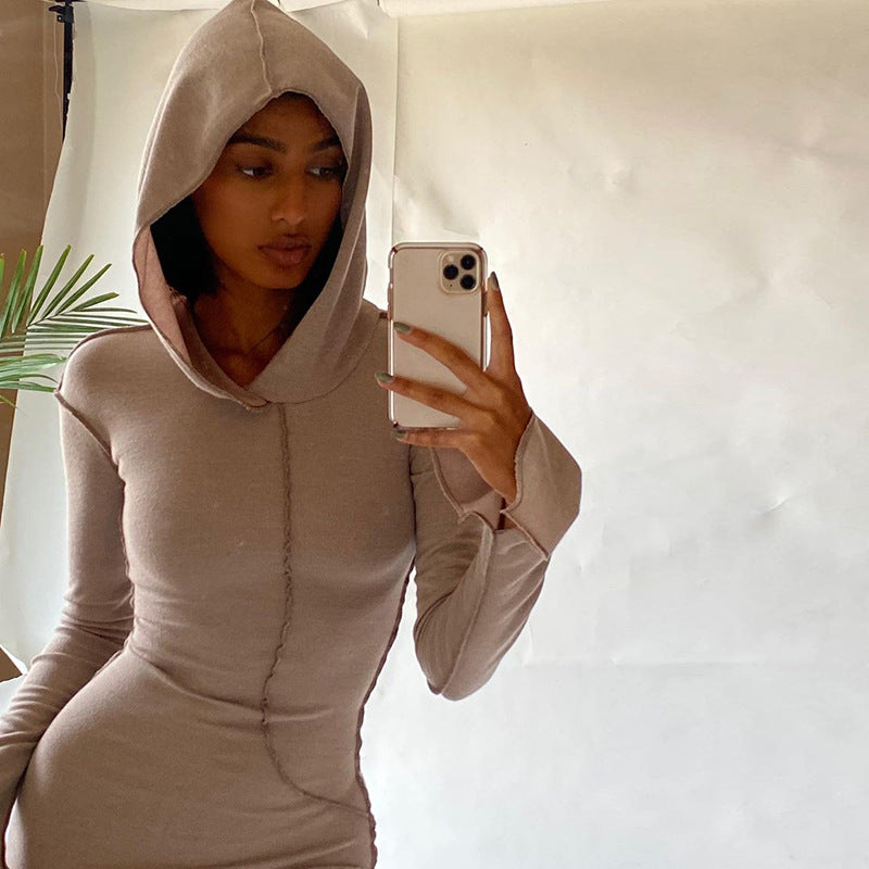 Hooded Long Sleeve Bodycon Dress Casual Solid Color